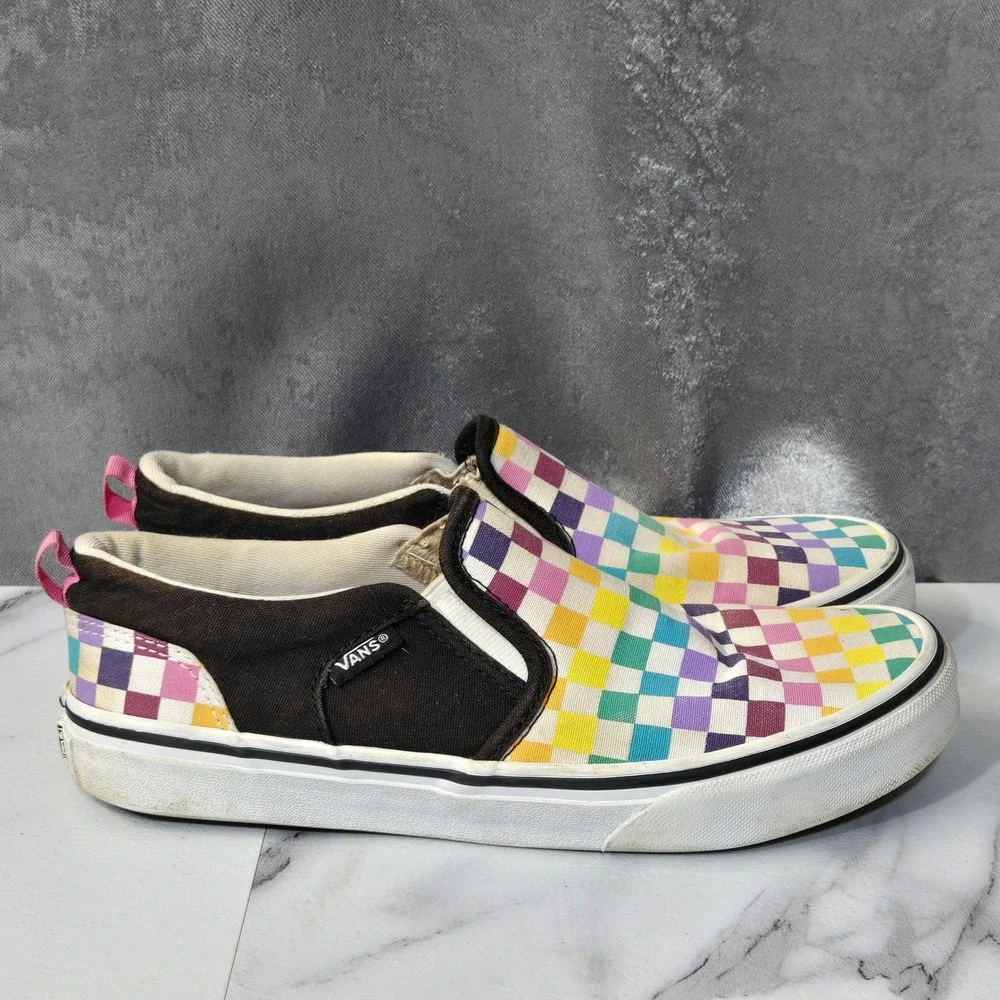 Vans Classic Slip-On Shoes Girls 5 Rainbow Checkerboard Canvas Skate Sneaker